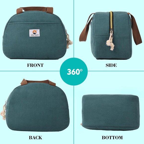Cute Corduroy Lunch Box for Women & Teens, Insulated Tote for Work/Travel Green - Picture 7 of 7